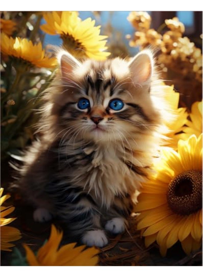 CLENEA DIY Paint by Numbers Kit for Adults & Kids – Blue-Eyed Kitten with Sunflowers, Acrylic Paint by Numbers for Beginner, 40x50cm Easy Oil Painting on Canvas for Wall Art Decor (Frameless) - Image 1